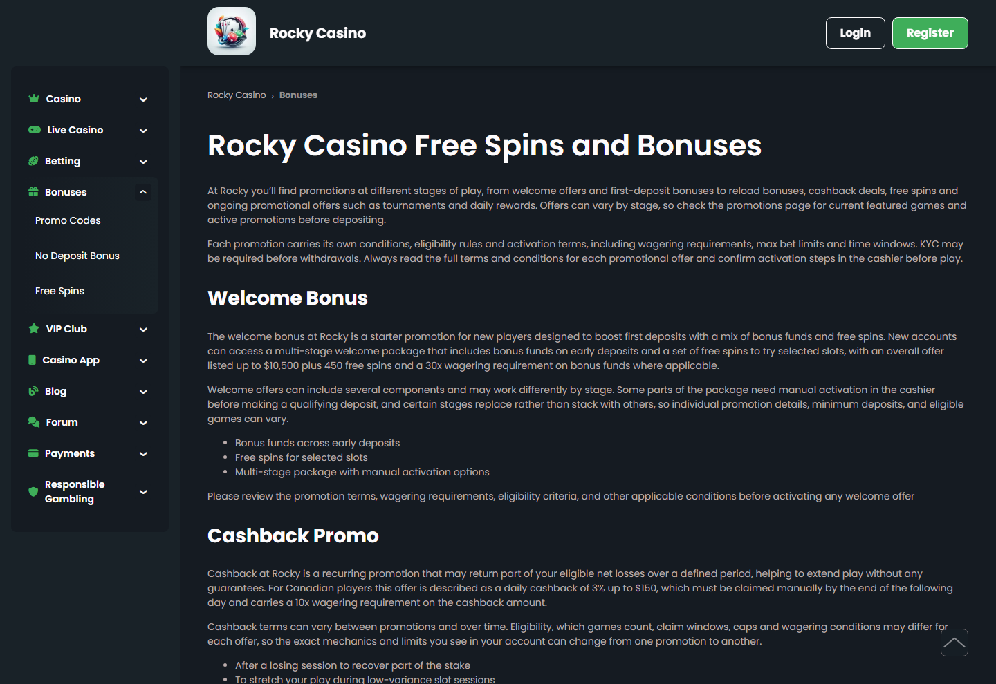Bonussiden til Rocky Casino med undermenyen Promo Codes, No Deposit Bonus og Free Spins åpen
