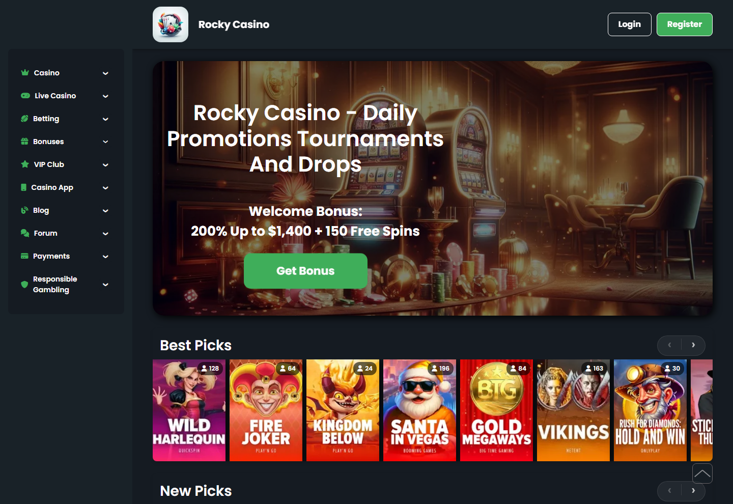 Forsiden til Rocky Casino 25. august 2026, med banneret for velkomstbonusen og spillobbyen