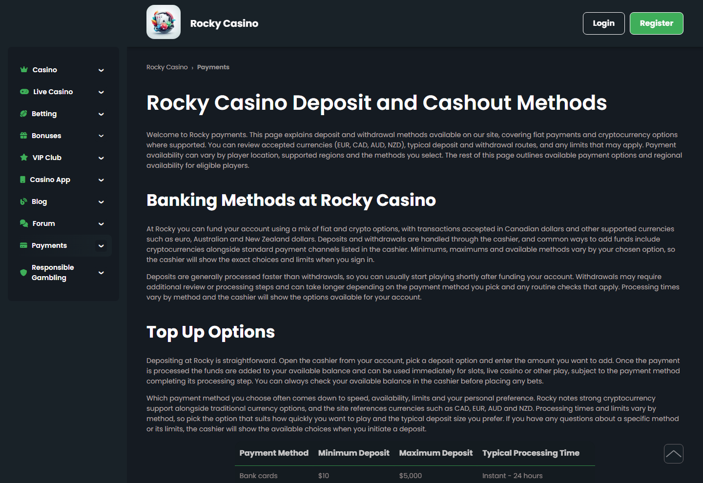 Betalingssiden hos Rocky Casino med metoder for innskudd og uttak og grensene deres