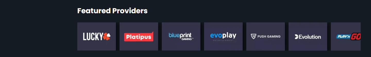 Rekken "Featured Providers" på rocky.casino: en rad med studiologoer uten tekst under overskriften